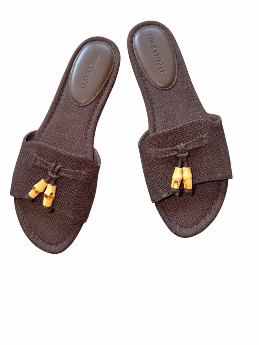 New J. Mclaughlin Ciara Linen Slide Sandals Flats 9.5 Linen Tassel Brown